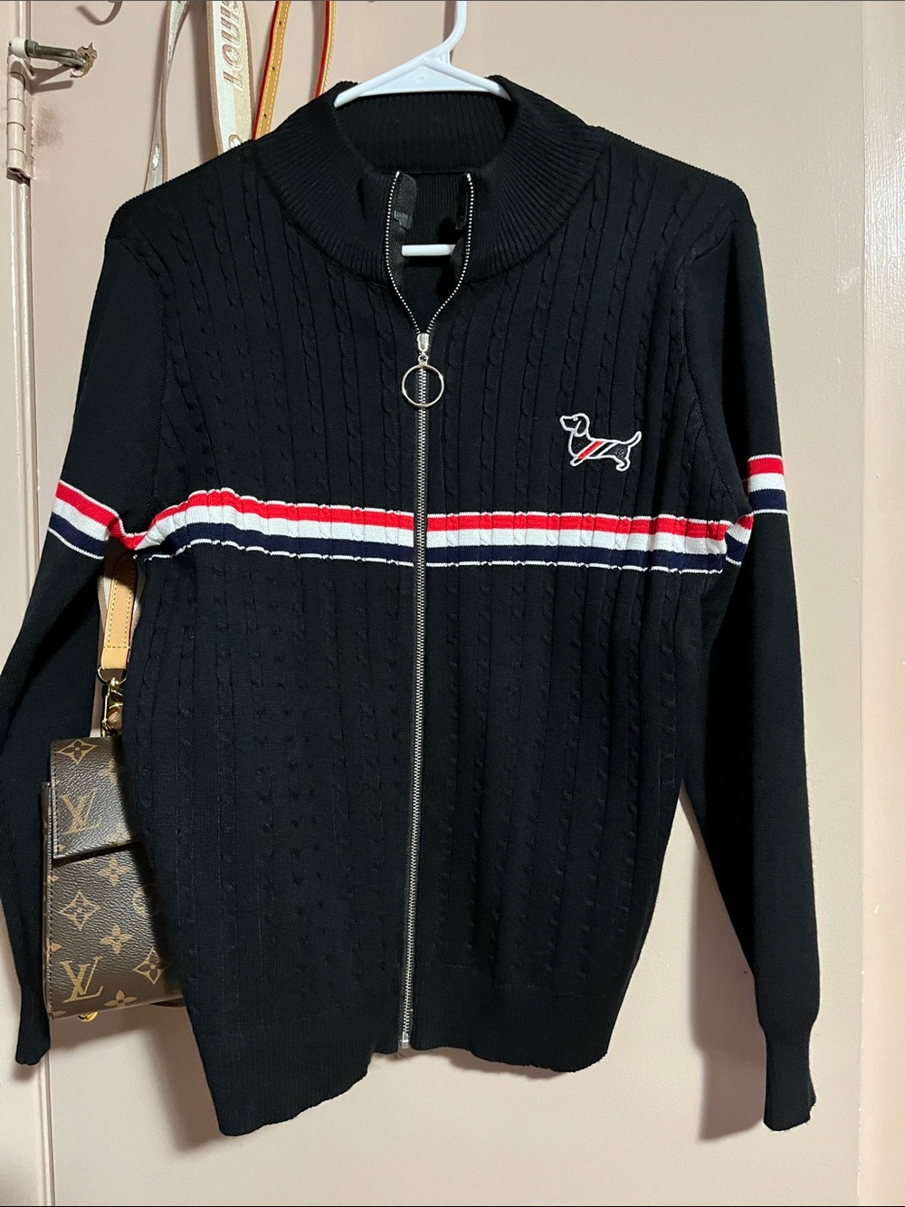 Women’s Thom Browne  Black Zip-Front Sweater with Red & White Stripe